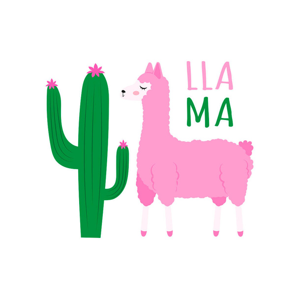 Roztomilá kreslená růžová lama čichající k kytce na kaktusu. Ploché vektorové ilustrace izolované na bílém pozadí. - Vektor, obrázek