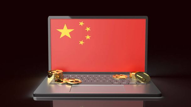 Kannettavan näytön Kiina lippu ja kultakolikoita 3d tekee Kiinan valuutta
 - Valokuva, kuva