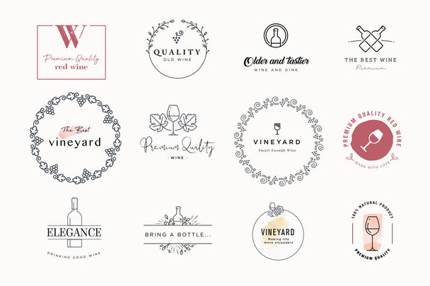 Set of labels and stickers for wine. Vector illustrations for graphic and web design, marketing material, restaurant menu, wine list, products presentation, packaging design. - Vector, Image