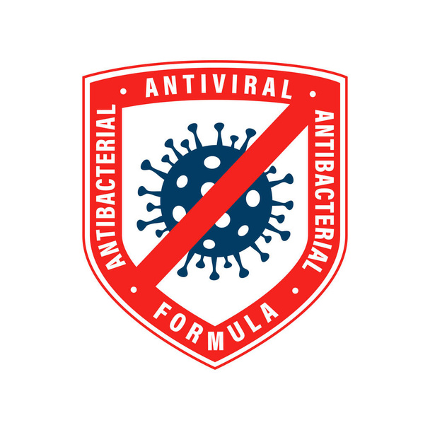Antiviral antibakteriyel koronavirüs formülü taşıyıcı kalkan ikonu. Coronavirus Covid-19 virüs dur işareti, sağlık koruması, el dezenfektanı etiketi - Vektör, Görsel