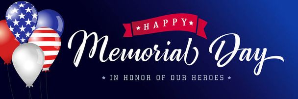 Happy Memorial Day modrý plakát USA, balónky s vlajkami. Památník den pozadí s americkou vlajku barev a typografie. Vektorová ilustrace - Vektor, obrázek