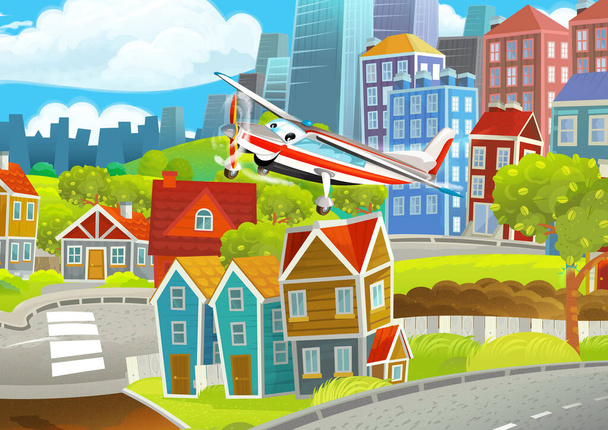 Cartoon funny looking scene with cars vehicles moving in the city - illustration for children - Foto, afbeelding