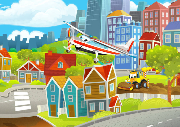 Cartoon funny looking scene with cars vehicles moving in the city - illustration for children - 写真・画像