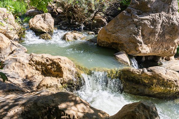 De Saar berg rivier met koud en kristalhelder water stroomt in een spleet in de bergen van de Golan hoogten in Israël. - Foto, afbeelding