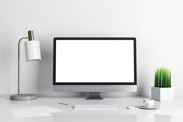 Contemporary designer desktop with empty computer screen. Mock up, 3D Rendering - Фото, зображення