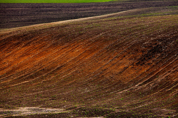Текстура коричневой сельскохозяйственной почвы. Прекрасный рассвет на ферме. Ферма в Молдове, Европе. Свежевспаханное весеннее поле для посадки семян овощей. - Фото, изображение