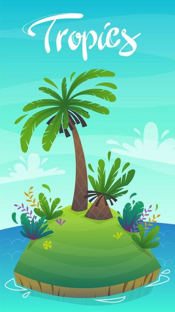 Costa dell'isola tropicale con spiaggia di sabbia e palme. Panorama del paesaggio vettoriale con scritte sfondo stile cartone animato
. - Vettoriali, immagini