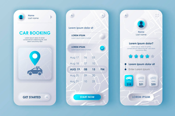 Car booking unique neomorphic design kit for mobile app neomorphism style. Online rent car order screens with prices. Car sharing service UI, UX template set. GUI for responsive mobile application. - Vector, Image
