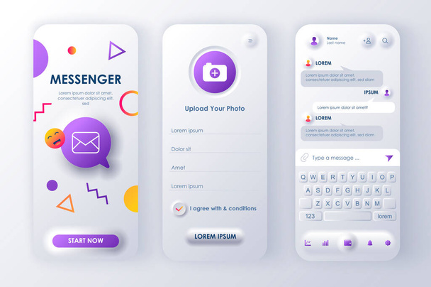Online messenger kit de design neomórfico exclusivo para o estilo neomorfismo app. Telas de rede social com perfil de usuário. UI mensageiro móvel, UX modelo definido. GUI para aplicação móvel responsiva
. - Vetor, Imagem