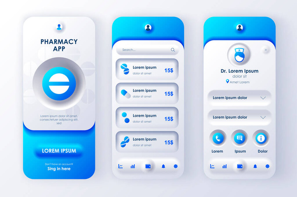 Online pharmacy unique neomorphic design kit for mobile app neomorphism style. Internet drugstore screens with medicaments. Pharmacy store UI, UX template set. GUI for responsive mobile application. - Vector, Image