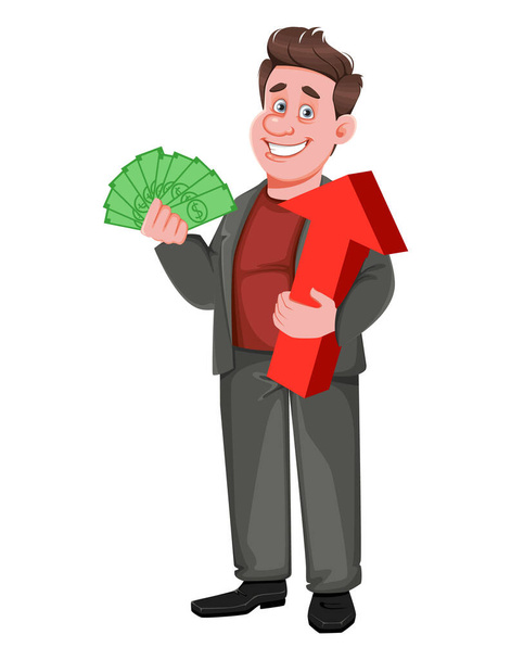 Χαμογελώντας μεσήλικας επιχειρηματίας που κρατάει χρήματα και κόκκινο βέλος. Ευτυχισμένος όμορφος επιχειρηματίας χαρακτήρας κινουμένων σχεδίων. Εικονογράφηση διανύσματος - Διάνυσμα, εικόνα