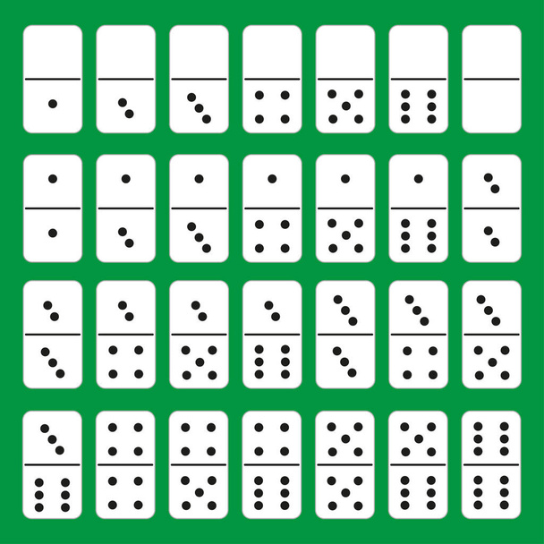 Domino. White color isolated on green background. Flat style. A complete classic domino game. Collection of 28 pieces. Vector illustration - Vector, Image