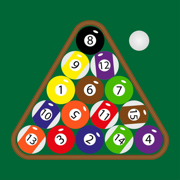 Billiard layers in a wooden rack - the starting position is usually used. Isolated illustration on green color gradient. The whole set of balloons. Vector illustration - Vecteur, image