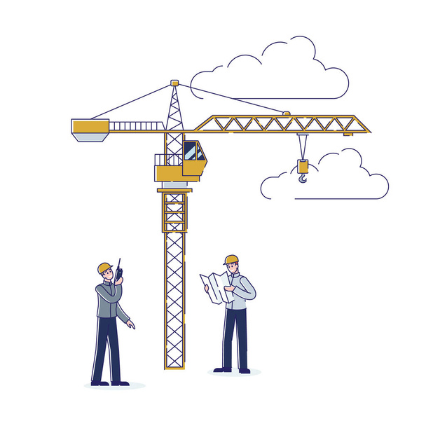 Concept Of Construction. Workers Working Together Outdoors. Engineer And Contractor Discussing New Building Project. Foreman Controls Tower Crane Work. Cartoon Linear Outline Flat Vector Illustration - Vector, Image