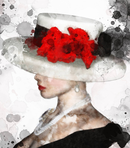 Porträt einer charmanten Frau mit Hut und roten Blumen - Foto, Bild