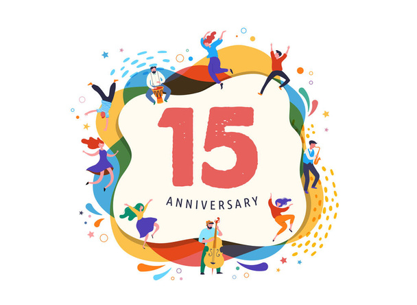 Anniversary celebration. Happy people dancing, playing music, celebrating. Vector illustration, banner, poster - Vector, Image