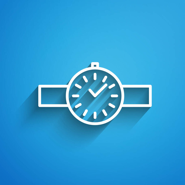 Witte lijn Wrist horloge pictogram geïsoleerd op blauwe achtergrond. Een horloge icoon. Lange schaduw. Vector Illustratie - Vector, afbeelding