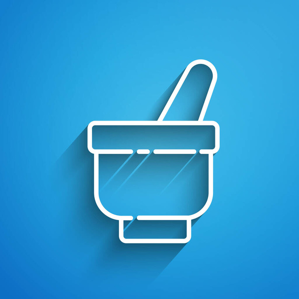White line Magic mortar and pestle icon isolated on blue background. Long shadow. Vector Illustration - Vector, Image