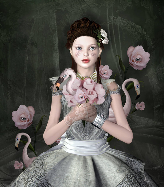 Young girl with surreal gothic bouquet on a black forest background - Fotó, kép