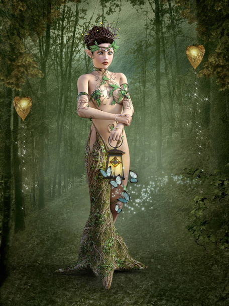 Créature de la forêt avec une lanterne et des papillons volants - Photo, image