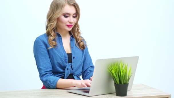Vrouw werkt op laptop in de companys kantoor - Video