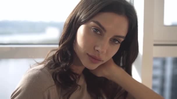 A sexy model poses at sunset in her apartment with panoramic windows. emotion evening mood calm, outside the city and the Dnieper river. - Filmati, video