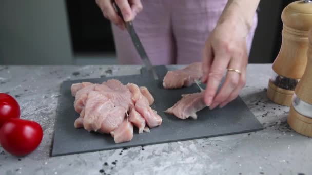 Cut turkey fillet on a gray board - Materiaali, video