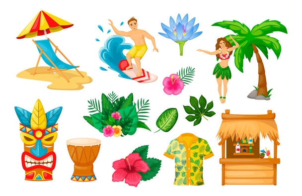 Moderne traditionele objecten van de Hawaïaanse cultuur. Reizen in exotische landen. - Vector, afbeelding