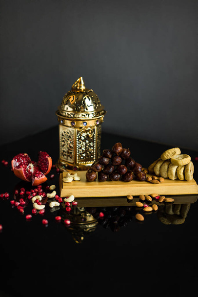 Islamic greeting Eid Mubarak cards for Muslim Holidays, fruits dates, pomegranate, nuts, figs - Photo, image