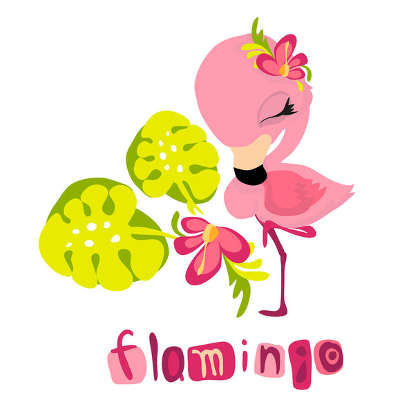 Schattig flamingo meisje met bloem, cartoon flamingo karakter met tropische bladeren. Vectorillustratie - Vector, afbeelding