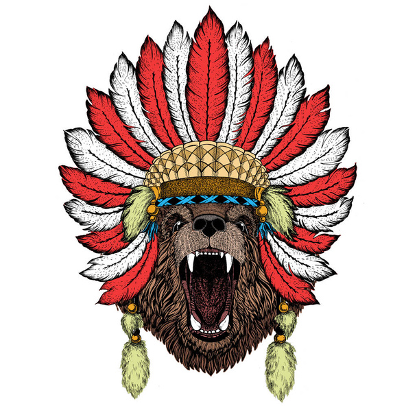 Un ours sauvage. Portrait d'animal pour emblème, logo, tee-shirt. Coiffe indienne avec plumes. Style Boho
. - Vecteur, image