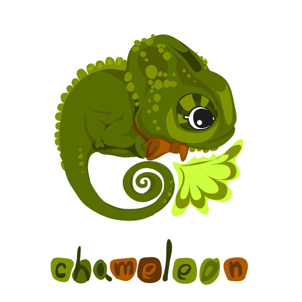 Niedliches grünes Chamäleon mit brauner Fliege, eine Zeichentrickfigur mit tropischem Blatt-Chamäleon. Vektorillustration - Vektor, Bild