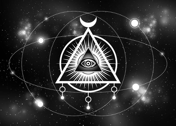 Szent szabadkőműves szimbólum. Minden látó szem, a harmadik szem (A gondviselés szeme) belül háromszög piramis. Új Világrend. Elszigetelve a galaxis hátterében. Vektor illusztráció. Nyomtatás, poszter, póló, kártya - Vektor, kép