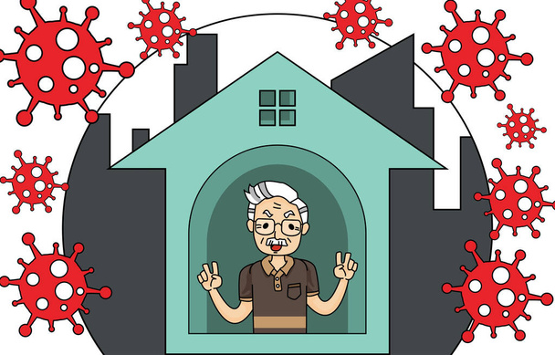 Shelter in place. Social distancing, pandemic of Covid-19. Staying at home with self quarantine to prevent and stop outbreak coronavirus spread. elderly man self isolation in home. Filled outline style - Vector, Image