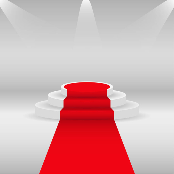 Roter Teppich und Podium. Weißer runder Sockel mit Buchstaben, im Ton akzentuiert. Podium mit Beleuchtung, Szenarium der Preisverleihung. Vektorillustration - Vektor, Bild