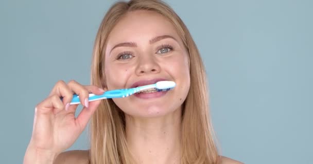 Woman with adorable smile brushing her teeth, isolated on blue background - Materiaali, video