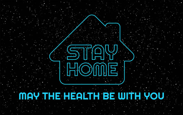 家にいて、健康があなたと共にあるように-ユーモアベクトルイラスト- Neon Blue夜空の背景にある家の手紙 - ベクター画像