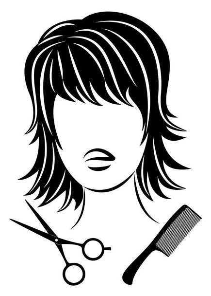 La silueta de una linda dama. La muchacha muestra el peinado sobre los cabellos medianos y largos y las tijeras. Adecuado para logotipo, publicidad de peluquería. Ilustración vectorial
. - Vector, Imagen