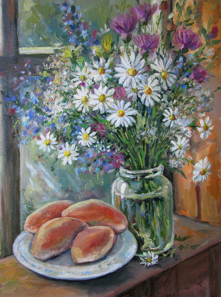 Букет ромашки с пирожками, живопись
 - Фото, изображение