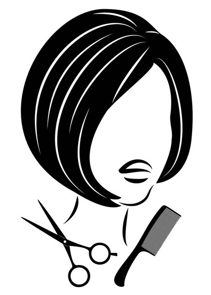 La silueta de una linda dama. La muchacha muestra el peinado sobre los cabellos medianos y largos y las tijeras. Adecuado para logotipo, publicidad de peluquería. Ilustración vectorial
. - Vector, Imagen