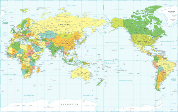 Weltkarte - Pazifik-Ansicht - Asien-China-Zentrum - Politische Topographie - Ebenen - Vektor Detailliert - Vektor, Bild