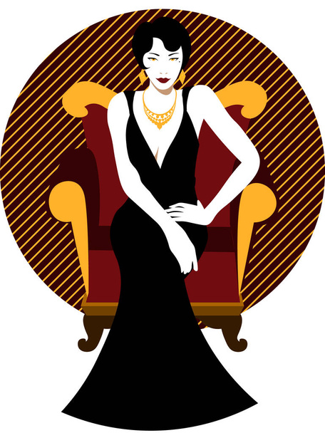 elegáns vintage 20-as évek vonzó nő rövid frizurával fekete estélyi ruhában ül a karosszéken - Vektor, kép