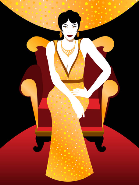 elegante vintage 20s 'mujer con peinado corto en vestido de noche brillante sentado en el sillón
 - Vector, imagen