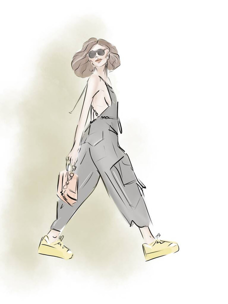 Stylish girl in fashion clothes with bag Hand drawn beautiful girl Fashion woman Sketch illustration. - Foto, immagini