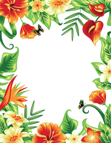 Summer tropical background frame with palm leaves and hibiscus flowers. Isolated on white. Vector floral background. - Вектор,изображение