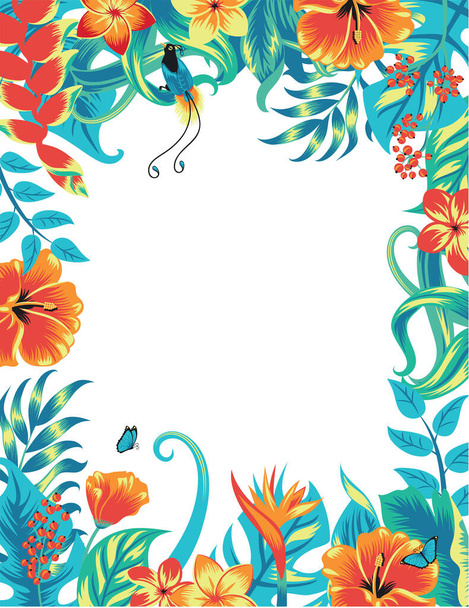 Summer tropical background banner with exotic paradise birds, palm leaves and hibiscus flowers. Vector floral background. - Διάνυσμα, εικόνα