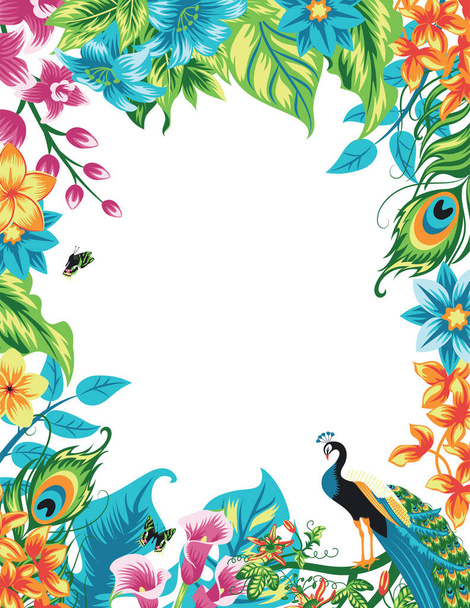 Summer tropical isolated frame decoration with peacock, palm leaves and hibiscus flowers. Vector floral background. - Vektör, Görsel