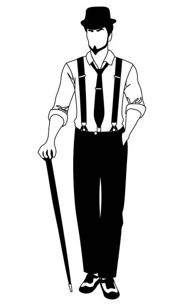 old-fashioned faceless man in hat and suspenders walking with a cane - Vector, Image