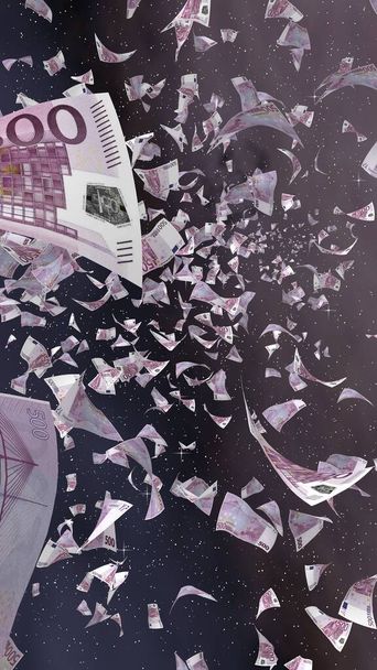 Летающие банкноты евро на звездном фоне космоса. Деньги летят в открытом космосе. 500 евро в цвете. Вертикальное направление. 3D иллюстрация - Фото, изображение