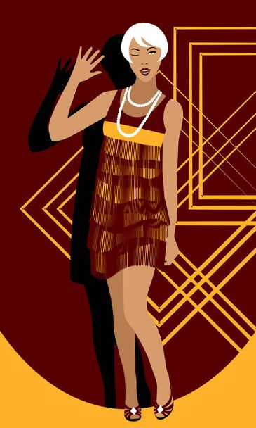 allegra donna bionda anni '20 con acconciatura corta strizzando l'occhio e agitando su sfondo geometrico rosso e oro
 - Vettoriali, immagini
